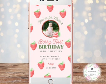 Berry First Birthday Evite With Photo | Strawberry Birthday Evite, Berry First Birthday Photo Invitation | Modern Strawberry Invitation, One