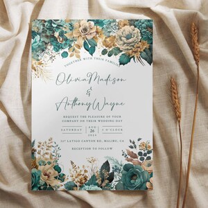 Teal &amp; Gold Wedding Invitations | Edit in Templett, Teal and Gold ...