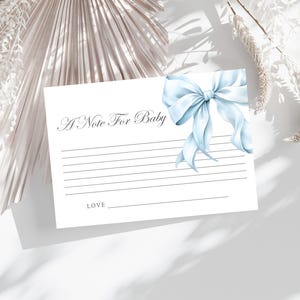 Blaue Babypartynotiz für Babykarte, Babypartyschablone, bearbeitbar in Templett, Kokettenbogen-Babyparty, elegante Dusche, Vorlage, DIY