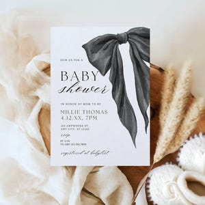 Black Bow Baby Shower Invitation - Editable - Coquette Baby Shower Invite - Elegant Design - Neutral - Instant Download - Canva Template