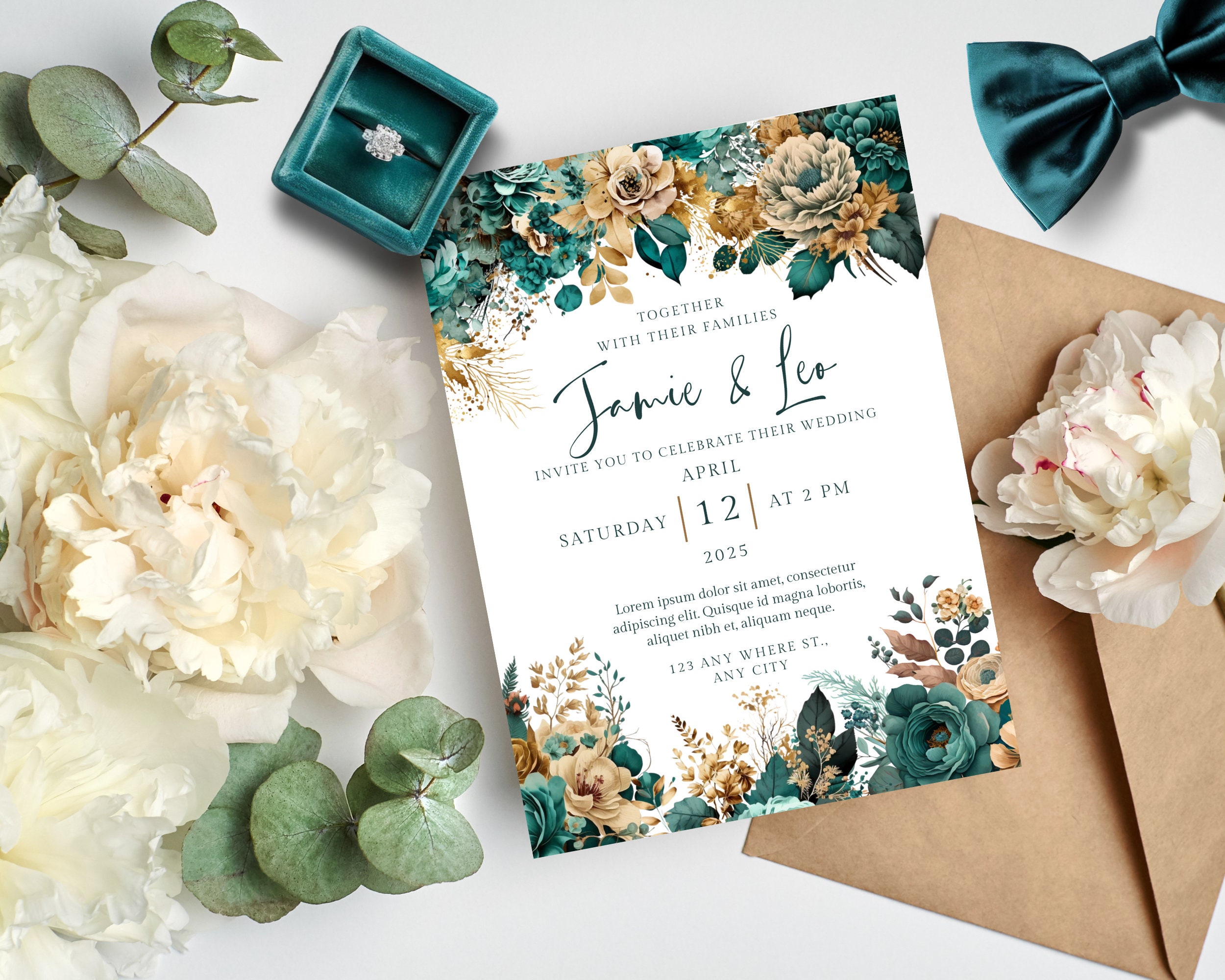 Teal &amp; Gold Wedding Invitations Edit in Canva, Teal and Gold Wedding ...