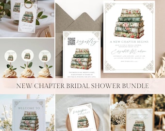 A New Chapter Begins Bridal Shower Bundle , Book Themed Bridal Shower Bundle, Printable Games, Vintage Bookstack, Editable in Templett, ancv