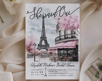Inbjudan till bruddusch "She Said Oui", inbjudan till Paris café, rosa och svart design, ssobs