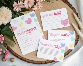 Little Sweetheart Baby Shower Invitation Bundle, Pastel, Editable Template, Valentine Invite, Candy Hearts, Instant Download - 6565