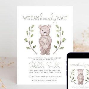 We Can Bearly Wait Green Baby Shower Invitations - We Can Bearly Wait - Gender Neutral - Instant Download - Sage Green - Templett- sgbw1