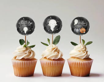 A Little Boo Is Almost Due Cupcake Topper, Baby Shower, Editable Cupcake Toppers, Printable,  | Ghost Baby, Fall Baby, Neutral, albh