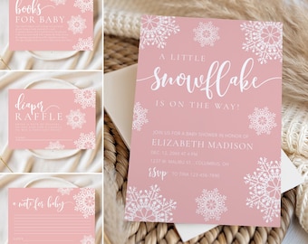 A Little Snowflake babyshower set meisje, kerst babyshower, roze sneeuwvlok babyshower, luierloterij, notitie voor baby, boeken voor baby