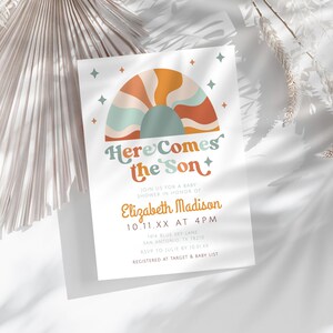 Here Comes The Son Shower Invite,  Sunshine Baby Shower, Sun Baby Shower Invite Editable Template, Boho Sunshine Shower, Boys Shower, hcts1
