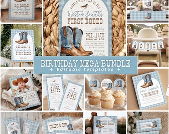 May include: A collection of editable templates with a Western theme. The designs feature cowboy boots, a rodeo invitation, and a baby's first birthday party theme. The color scheme includes blue and brown tones.