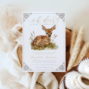 Oh Deer Baby Shower Invitation -  Editable Digital Invite - Neutral Woodland Theme - Instant Download- Customize in Templett - odbsi