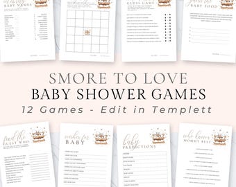 以下が含まれることがあります： スモアをテーマにしたベビーシャワーゲームのコレクション。「Celebrity Baby Names」、「Baby Bingo」、「Guess Game」、「Guess the Baby Food」などのゲームが含まれています。「Smore to Love Baby Shower Games」というテキストが表示されています。