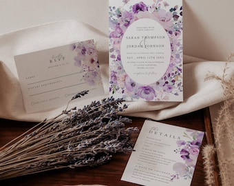 Purple Wedding Invitation Suite - Elegant Wedding Invitations Purple Flowers - Printable Invitation - RSVP Card - Details - Templett - epfw