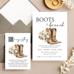 Boots und Brunch Brautparty einladen, bearbeitbare Vorlage, Western Brautparty, QR-Registry-Karte, Stiefel & Brunch Templett einladen, babcr