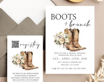 Boots And Brunch Bridal Shower Invite, Editable Template, Western Bridal Shower, QR Registry Card, Boots & Brunch Templett Invite, babcr