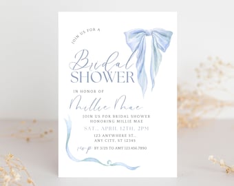 Bridal Shower Invitation With Bow, Bridal Shower Invite Blue Bow, Editable Template, Whimsical Bridal Shower, Editable Template, Canva