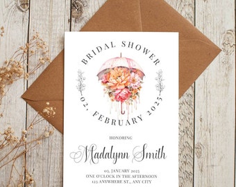 Pink Umbrella Bridal Shower Invite Template, Editable in Canva, Customizable Bridal Shower Invitation, Pink Floral Bouquet  Fully  Customize