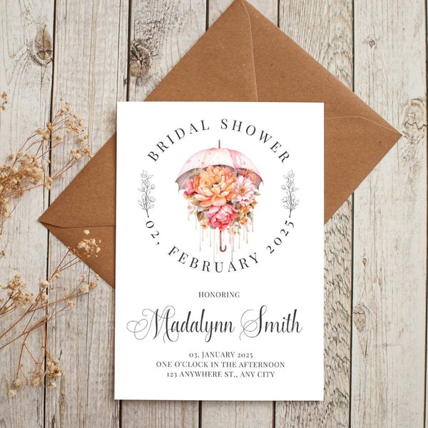 Pink Umbrella Bridal Shower Invite Template, Editable in Canva, Customizable Bridal Shower Invitation, Pink Floral Bouquet  Fully  Customize