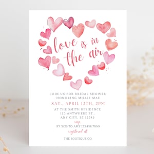 Valentine Themed Bridal Shower, Love Is In The Air, Valentine&#39;s Day, Canva Template, Instant Download, Watercolor Hearts, Printable Invite
