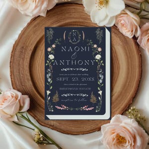 Literary Wedding Invitation, Navy Blue Wildflowers, Library Invitations, Digital File, Literary Book Invite, Book Theme Wedding, Canva