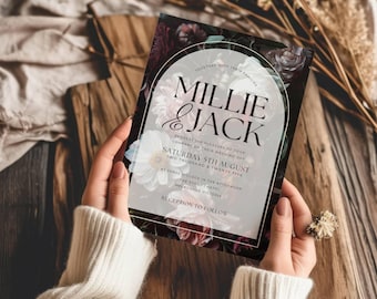 Dark And Moody Floral Wedding Invitation, Dark Floral Invite, Moody Floral Wedding Invite Template, Printed Wedding Invite, Editable Canva