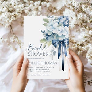 Bridal Shower Invitation Template Blue Hydrangea, Digital Download, Hydrangea Wedding Shower, Editable in Canva, Dusty Blue, Printable
