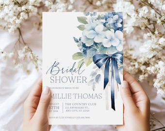 Bridal Shower Invitation Template Blue Hydrangea, Digital Download, Hydrangea Wedding Shower, Editable in Canva, Dusty Blue, Printable -hyd1