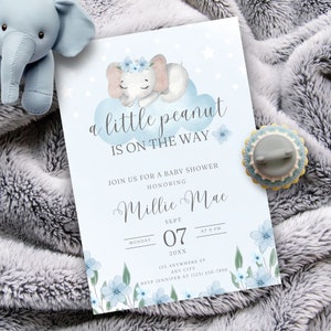 Little Peanut Baby Shower Invitation, Little Peanut Boy Baby Shower, Baby Boy Shower Invitation,  Printable Elephant Invite, Canva Template