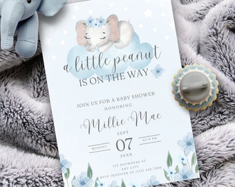 Little Peanut Baby Shower Invitation, Little Peanut Boy Baby Shower, Baby Boy Shower Invitation,  Printable Elephant Invite, Canva Template