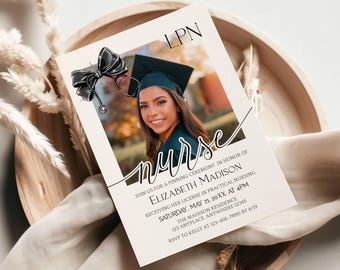 Nurse Graduation Invite Bow,  Nurse Grad Party Template, Editable Invite, Instant Download, Black Bow Graduation, Coquette, Templett, NRSbb