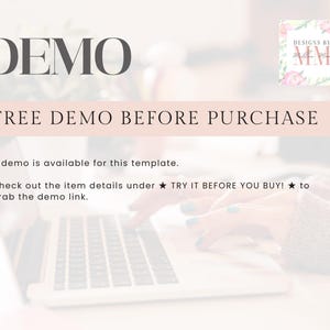 May include: A laptop computer with a white background. The text "DEMO" is displayed in large, bold letters at the top of the image. The text "FREE DEMO BEFORE PURCHASE" is displayed below the word "DEMO". The text "A demo is available for this template. Check out the item details under TRY IT BEFORE YOU BUY! to grab the demo link." is displayed below the text "FREE DEMO BEFORE PURCHASE".