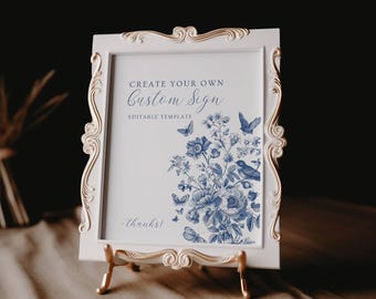 Chinoiserie Custom Sign,  Editable Chinoiserie Bridal Shower Sign, Blue Toile Wedding , Bridal Shower Decor, Editable, Templett