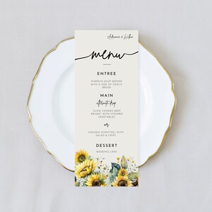 Sonnenblume Hochzeit Menü Vorlage | Druckbare Speisekarte | Rustikale Hochzeitsdeko | Digitaler Download | Menükartenvorlage | Sofort Download, Canva