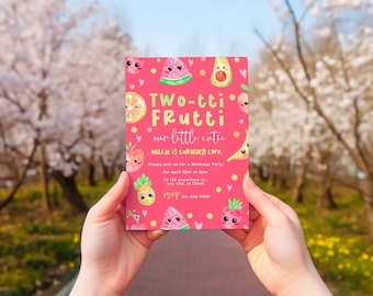 Twotti Frutti Birthday Party Invite Template, Twotti Fruity, Editable in Canva, Birthday Invitation, 2nd Birthday, Customize, Girl's Second