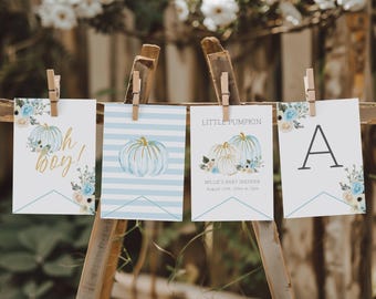 Striscione per baby shower a forma di zucca blu, striscione per baby shower a forma di zucca "Oh Boy", download immediato, striscione per baby shower autunnale, piccola zucca, modificabile, fai da te