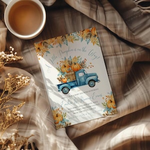 Blue Truck Pumpkin Baby Shower, Editable Little Pumpkin Baby Shower Invitation, Fall Baby Shower Invite, Blue Truck Baby Shower, Canva