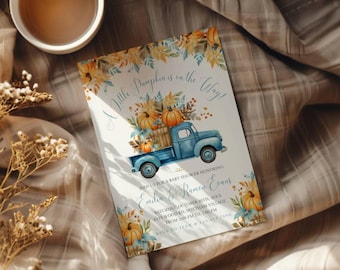 Baby shower a tema "Camion Blu con Zucca", invito modificabile per baby shower a tema "Piccola Zucca", invito per baby shower autunnale, baby shower a tema "Camion Blu con Zucca", Canva