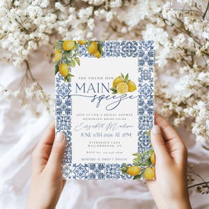 She Found Her Main Squeeze Bridal Shower Invitation - Blue Tile And Lemon Bridal Shower Invites,, Lemon Bridal shower, Edit in Templett