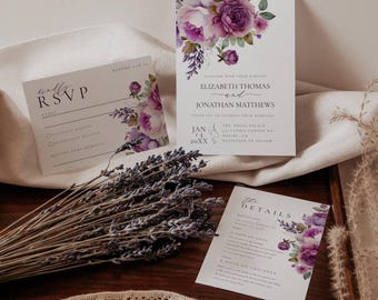 Purple Wedding Invitation Suite - Elegant Wedding Invitations Bright Purple Flowers - Printable Invite - RSVP Card - Details - Templett dpfw