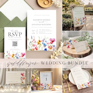 Wildflower Wedding Invitation Bundle, Editable Stationary Templates, Printable Floral Wedding Suite Designs, Wedding Decor, Templett - WFWI