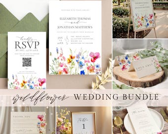 Wildflower Wedding Invitation Bundle, Editable Stationary Templates, Printable Floral Wedding Suite Designs, Wedding Decor, Templett - WFWI