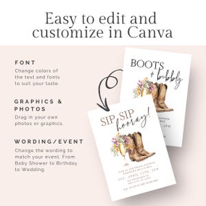 Boots and Bubbly Bridal Shower Invite & Text Invite | Western Fall Bridal Brunch | Editable Cowgirl Template with Wildflowers, Canva image 7