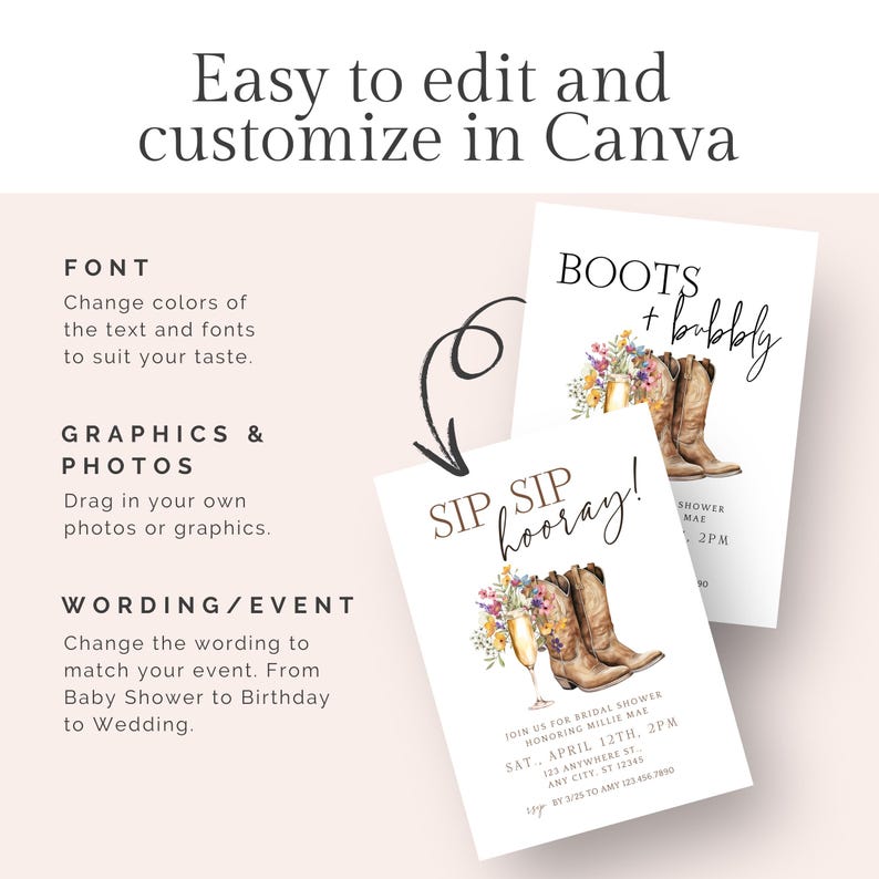 Boots and Bubbly Bridal Shower Invite & Text Invite | Western Fall Bridal Brunch | Editable Cowgirl Template with Wildflowers, Canva image 7