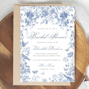 Blue Toile Bridal Shower Invitation, Floral Toile Printable Invite, Chinoiserie Invitation, French Toile, Bridal Luncheon, Edit in Templett