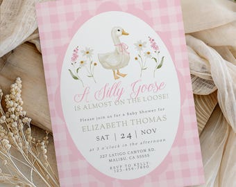 Pink Gingham Silly Goose Baby Shower Invitation - Editable Goose Baby Shower Invitation - Girls Shower - Printable Template - 9981