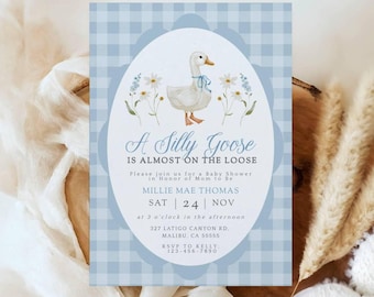Blue Gingham Silly Goose Baby Shower Invitation - Editable Goose Baby Shower Invitation - Boys Shower - Printable Template - Summer - slgb
