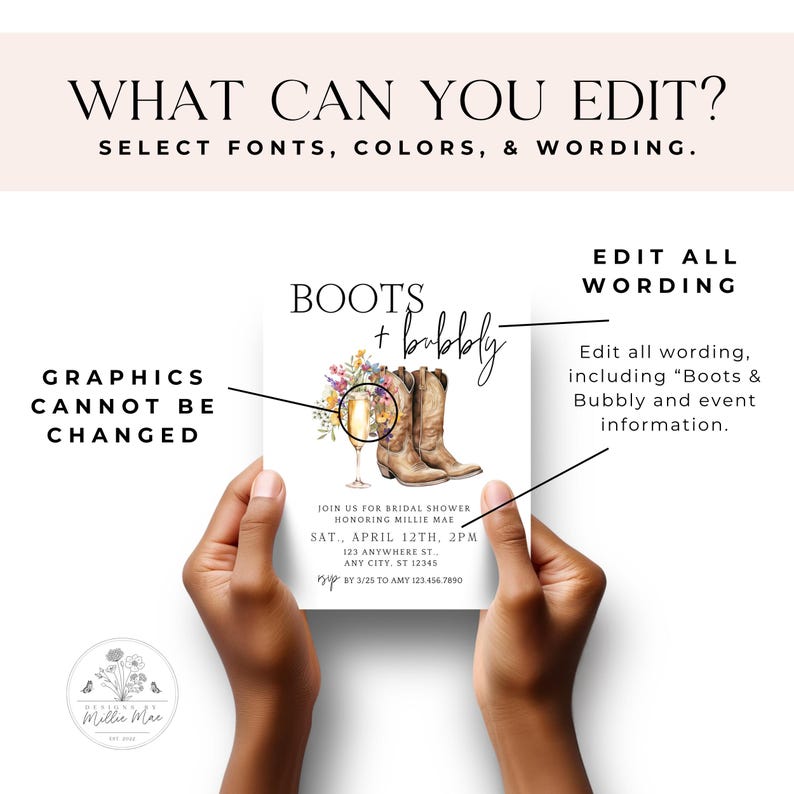 Boots and Bubbly Bridal Shower Invite & Text Invite | Western Fall Bridal Brunch | Editable Cowgirl Template with Wildflowers, Canva image 6