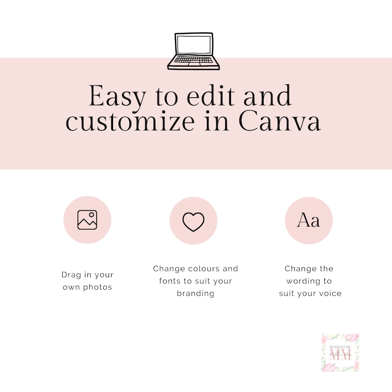 May include: A pink and white graphic with a laptop icon and the text "Easy to edit and customize in Canva".  Three icons are below the text: a picture frame, a heart, and the letters "Aa".  The text below the icons reads: "Drag in your own photos", "Change colours and fonts to suit your branding", and "Change the wording to suit your voice".