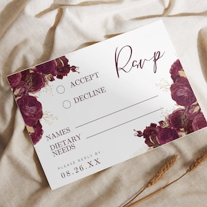 Wedding Rsvp Card Template | Kindly Reply | Response Cards | Dark Red | Instant Download | Burgundy Wedding Invitation, Burgundy and Gold