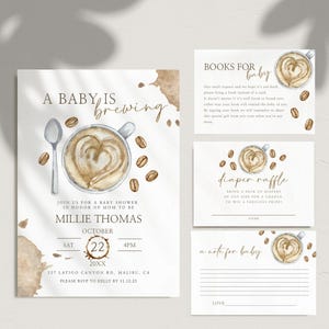 Paquete de café para baby shower, invitaciones para baby shower &quot;Un bebé está en desarrollo&quot;, rifa de pañales, libros para bebé, nota para bebé, Templett - abbc1