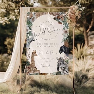 Letrero de bienvenida para baby shower "A Little Wild One is On The Way", cartel de bienvenida para baby shower "Safari Jungle", póster de bienvenida para baby shower "Safari Jungle", neutro, WOBS